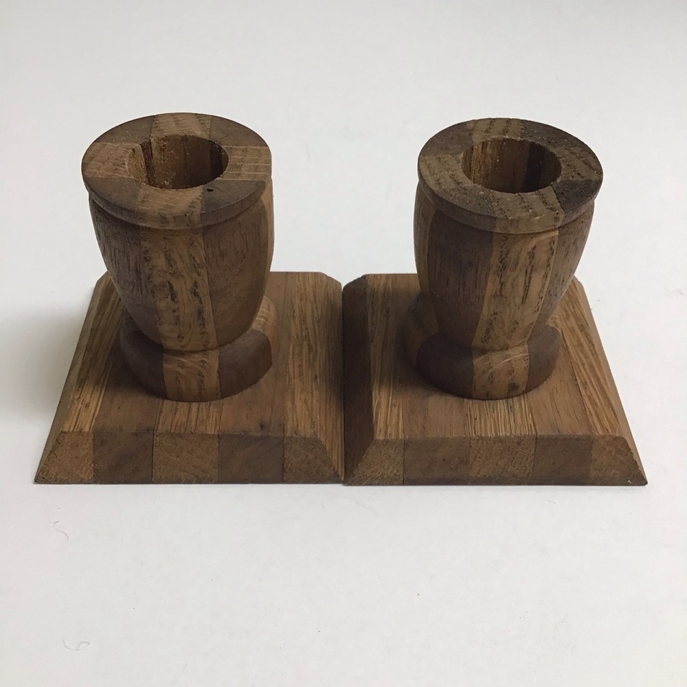 Vintage Folk Art Rustic Pair Small Solid Wood Candlestick Holders 3โ Primitive - Picture 5 of 16